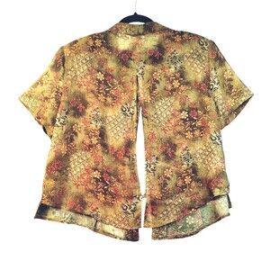 K Studio Blouse Women's 18 Short Sleeve Button Up Open Back Sheer Brown Florals
